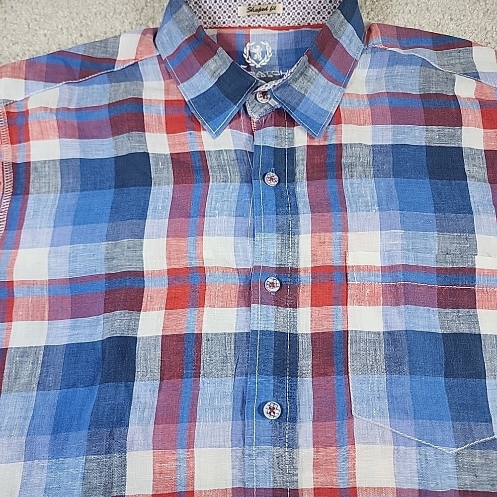 Bugatchi Shirt Mens XLT Blue Red Plaid‎ Shaped Fit Stretch Cotton Button Front